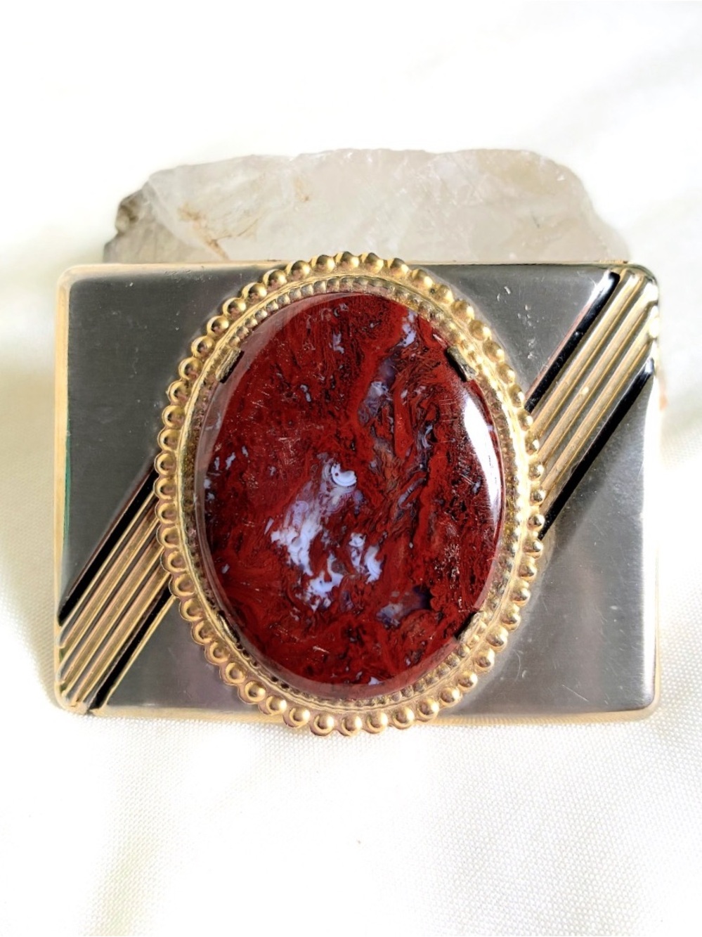 Vintage Western Silver Tone Belt Buckle Oval Lightning Agate Moss Agate